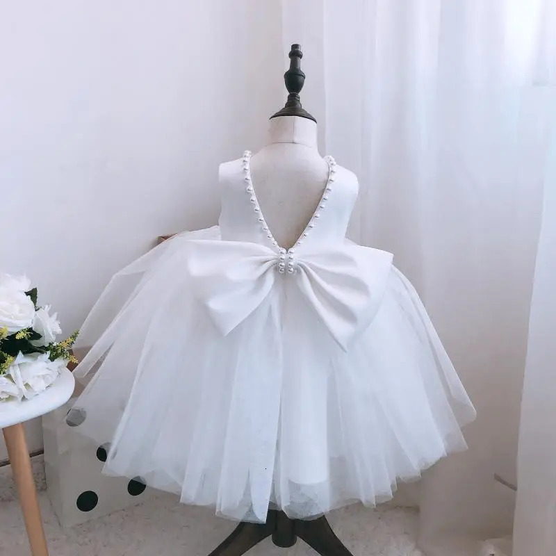 Kids Pearls Elegant Princess Dress for Girls Backless Bow Baby Girl 1st Birthday Baptism Tutu Gown Wedding Party Girls Dress 250220