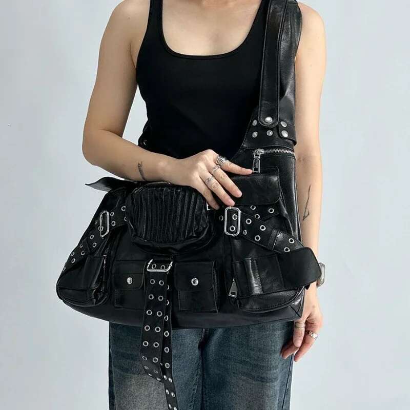 Black Punk Crossbody Women Multiple Pockets Wide Strap Rivet Ruched Belt Buckle Shoulder Bag Fashion Chic Designer Handbag
