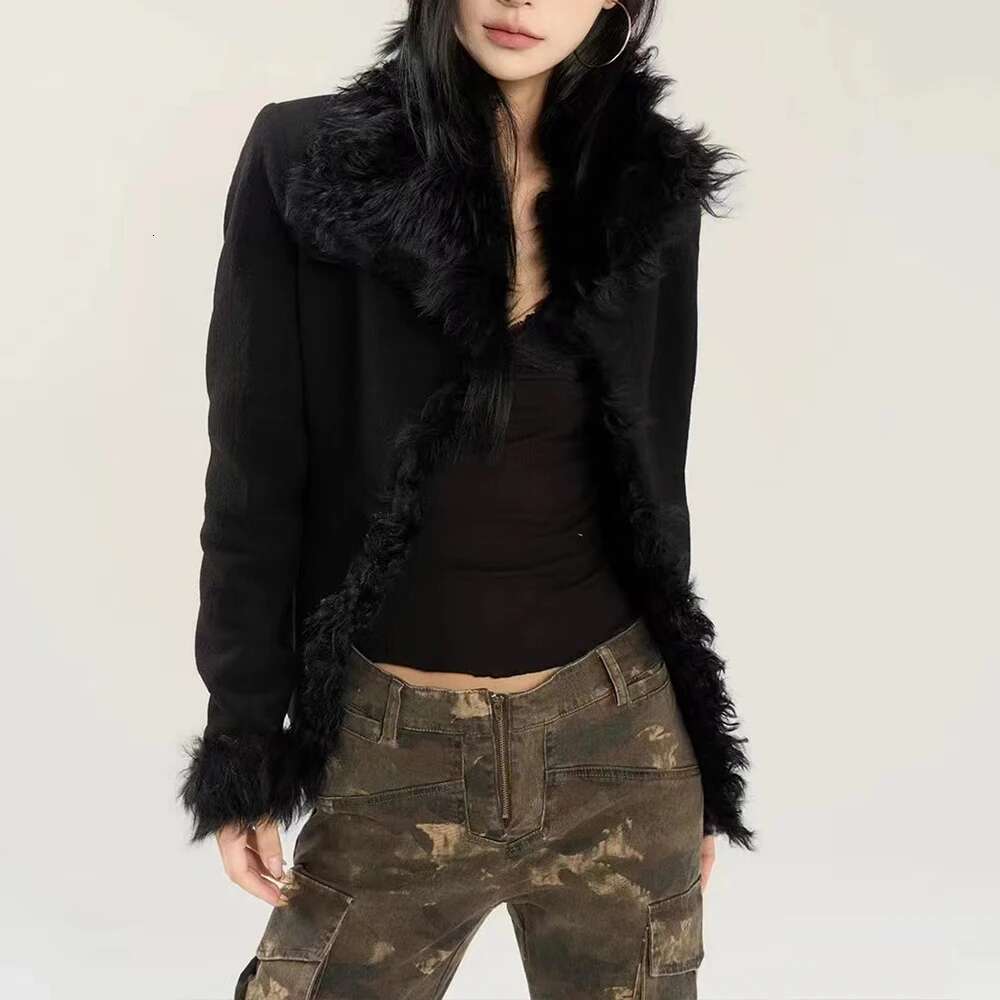 TWOTWINSTYLE Solid Spliced PU Leather Coats For Women Lapel Long Sleeve Patchwork Fur Vintage Thick Coat Female Fashion Clothing