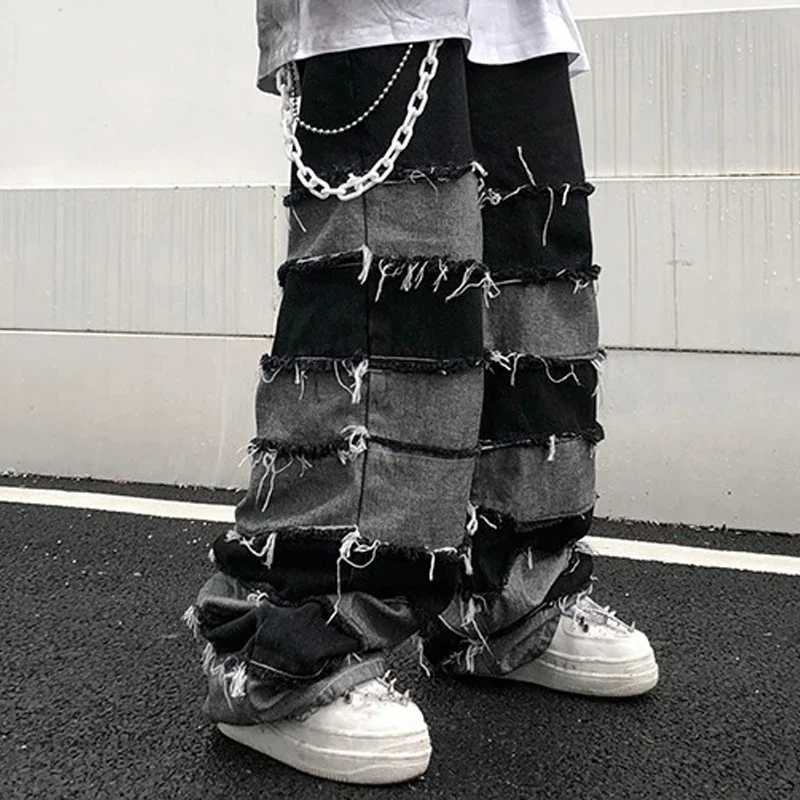 American New High Street Antique Tassel Jeans for Men Dropped Wide Leg Hip Hop Lazy Long Pants X250220