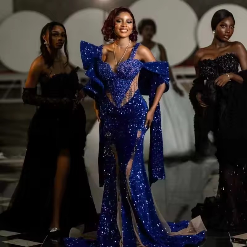 Sexy Royal Blue Prom Dresses For Black Girl Women Crystals Sequin Long Party Gown African Mermaid Formal Dress Customized