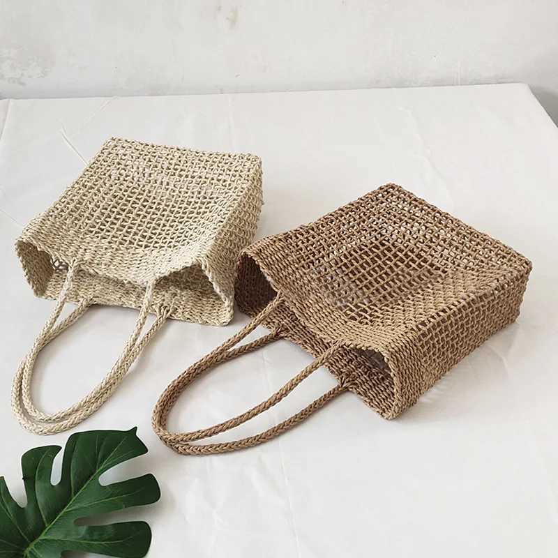 Fashionable rectangular womens handbag mobile phone bag womens straw bag womens handbag holiday womens hollow shoulder bag beach bag Z250219