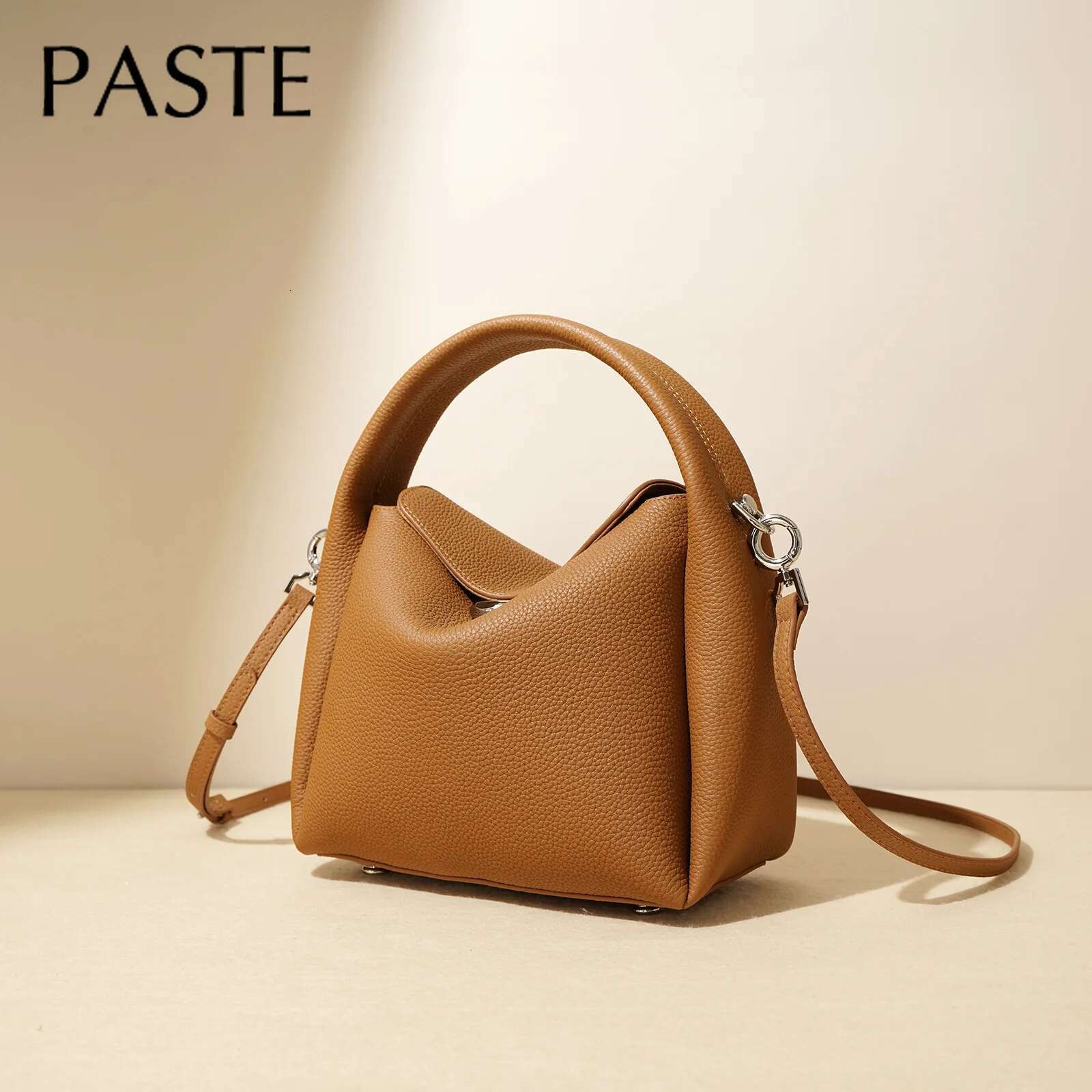 New Autumn Small Lunch Box Shape Hobo Tote T Cow Leather Women Shoulder Crossbody Bag Leisure Ladies Handbag Caramel