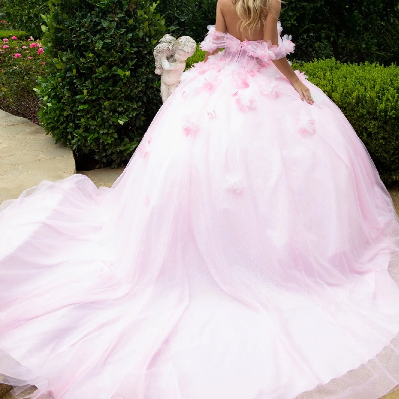 Pink Shiny Quinceanera Dresses Ball Gown Off Shoulder Flower Bow Tull Corset Sweet 16 Dress Vestidos 15 De Anos