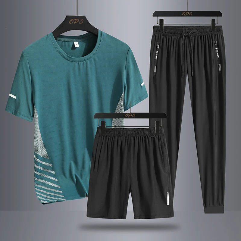 Summer mens sports running three piece set with round neck short sleeved Tshirt shorts long pants loose ice silk 250220