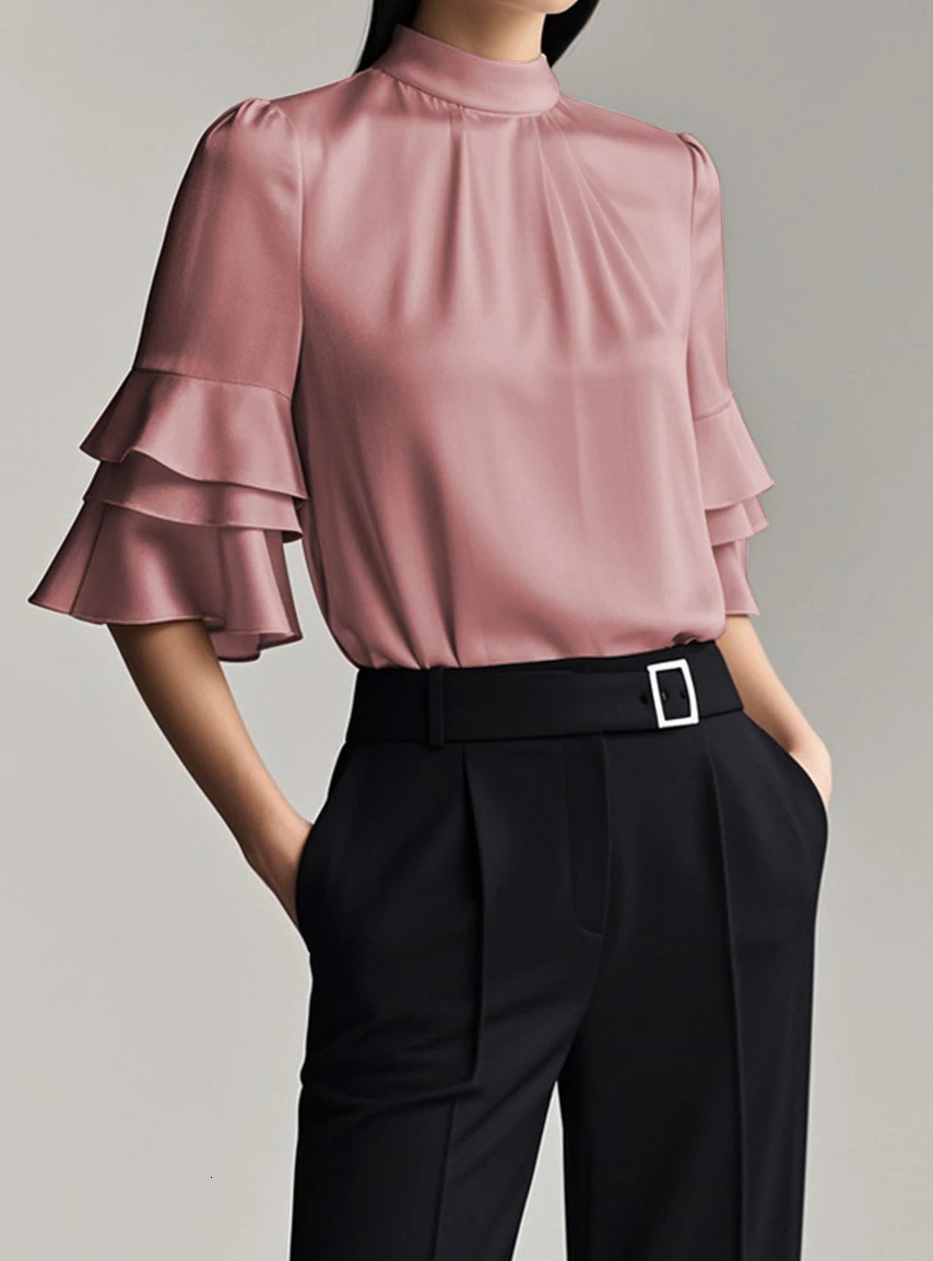Modigirl est Summer Women Elegant Blouse Business Work Casual Half Ruffle Sleeves Layered White Woman Shirts Top Trendy 250219