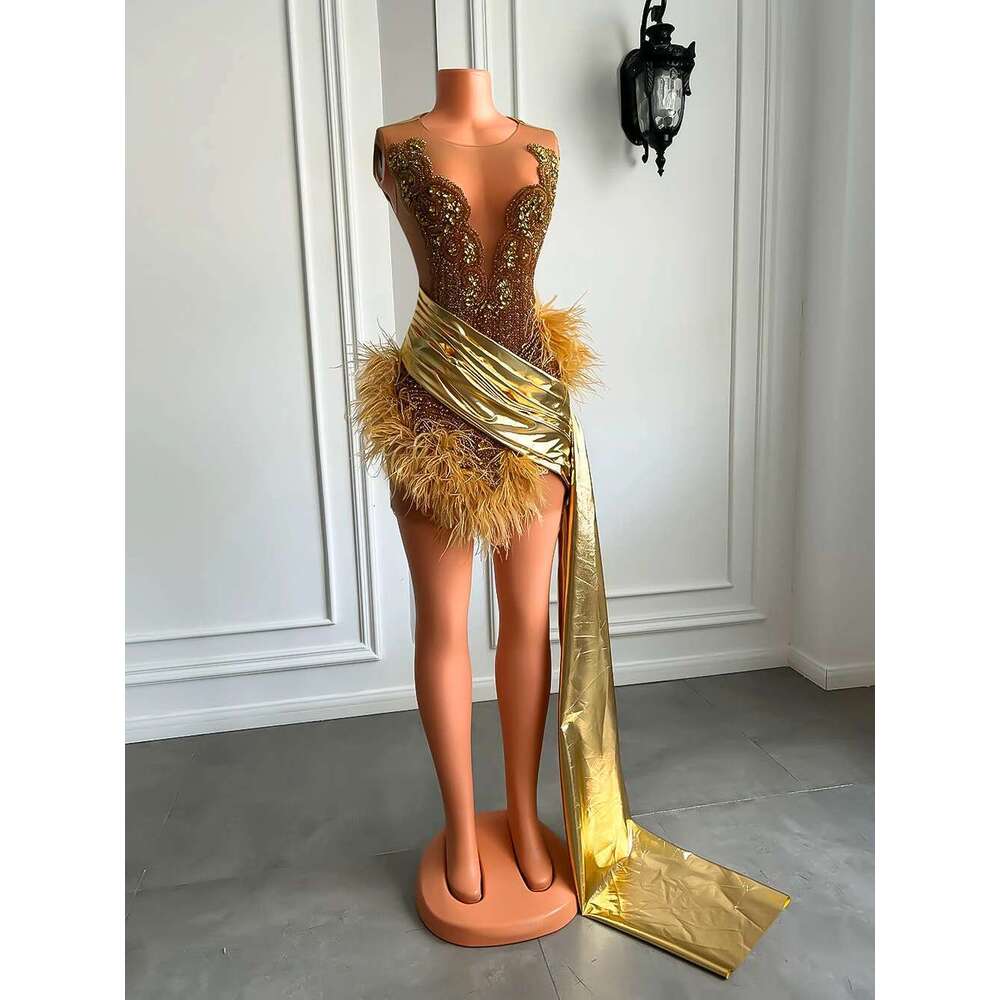 Dia Gold Formal Ocn Tail Sheer Sexy See Through Black Girls Feather Short Prom Dresses Birthday