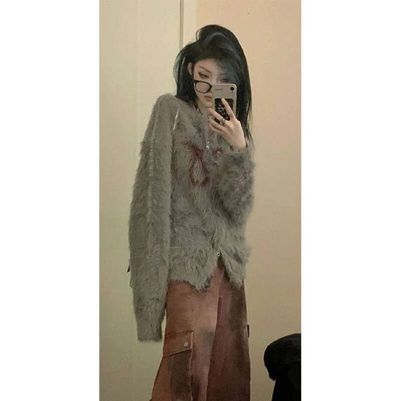 Y2K Aesthetic Knitted Cardigan Women Haruku Oversized Print Sweater Outerwear Gothic Long Sleeve Knitwear Winter Jumpers New