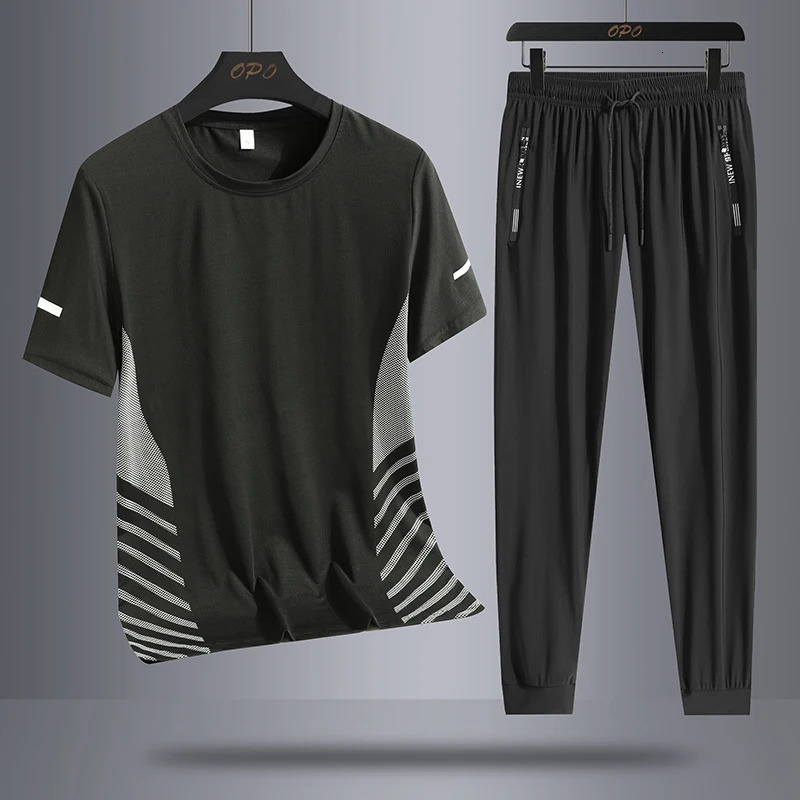 Summer round neck ice silk short sleeved Tshirt and sports pants set quick drying sweat absorption running twopiece 250220