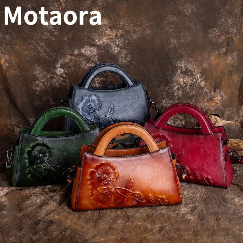 MOTAORA Handmade Genuine Leather Messenger For Women Emed Crossbody Shoulder Bag Ladies Designer Purse