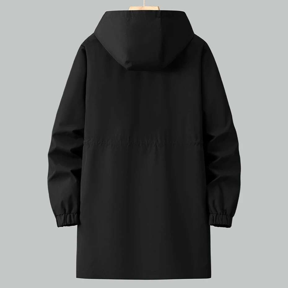 Men's Long Hooded Windproof Jacket, Casual Clothing, Solid Color, Large Size 10XL 12XL
