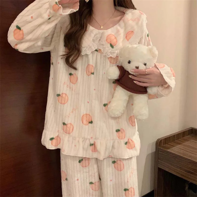 Cartoon Pajama Sets Womens Pyjamas Warm Flannel Sleepwear Girl Pajama Set Suit Pant Home Korean Peach Sleep Lace Sleepwear 250219