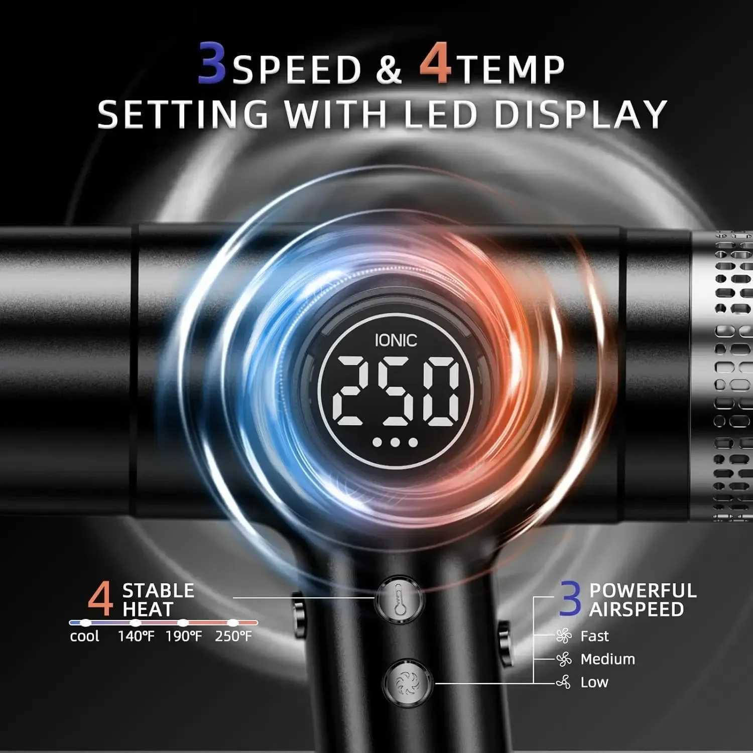 Professional Led Display 875W Hair Dryer High Speed 0000 RPM Brushless Motor for Fast Drying Low Noise Ionic Blow Dyer W250220