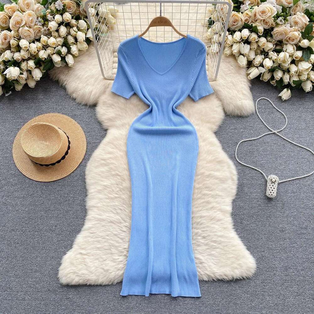 Women Knitted Bodycon Solid Dress Summer Female Short Sleeve Knitwear Pullover Maxi Long Party Dresses