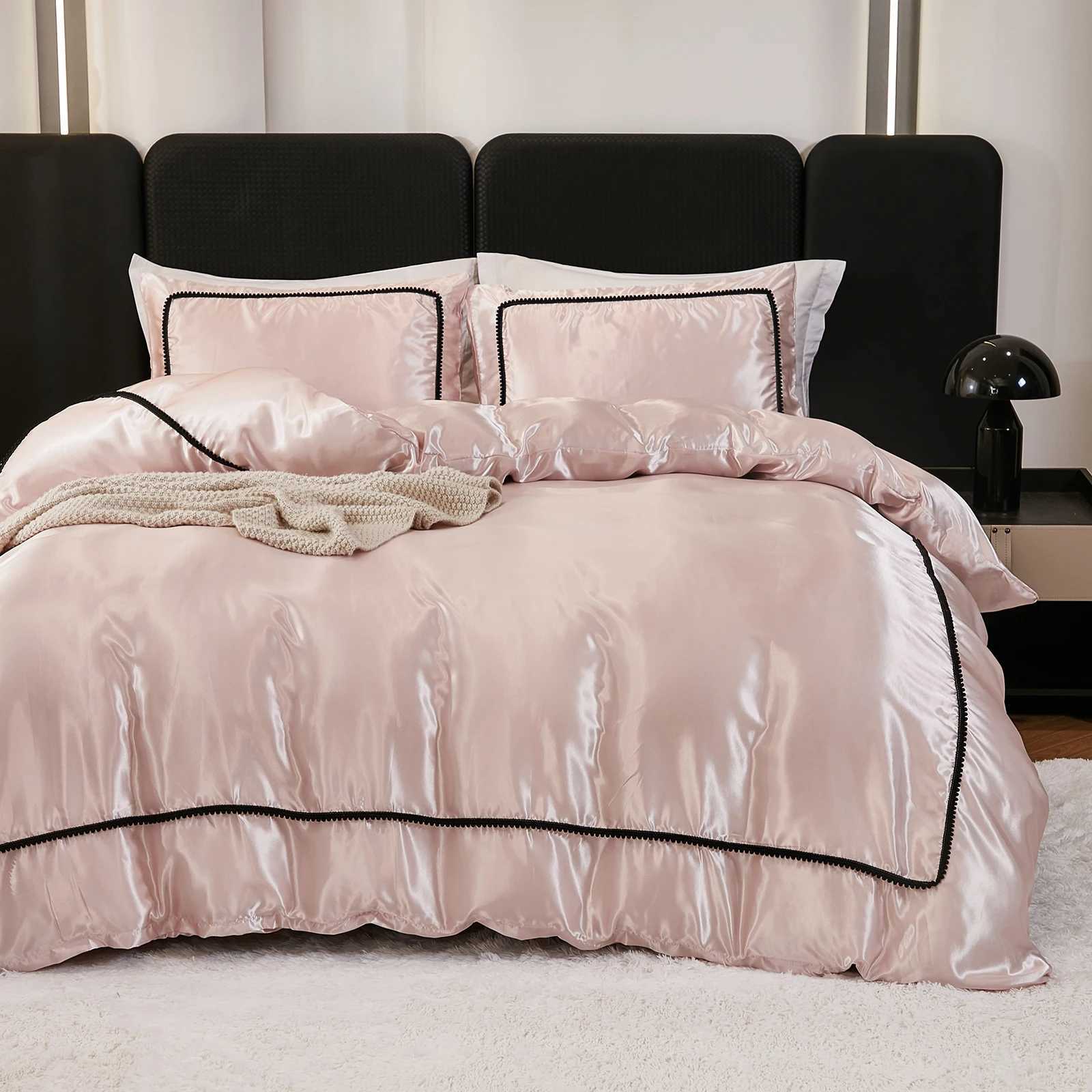 3-piece satin down duvet cover set silk white black and pink bedding set silk luxury bedding set Y250219