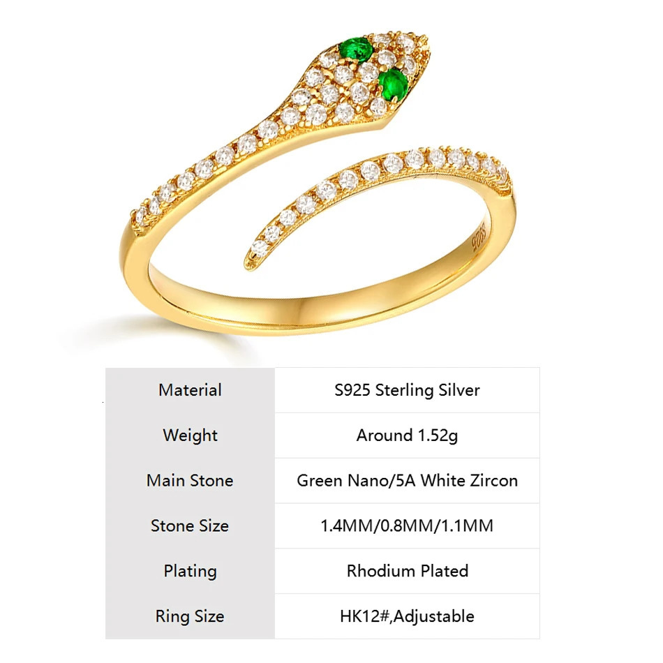 ALLNOEL Real 925 Silver Rings For Women Green Nano Eyes 5A Zircon Charm Snake Animal Party Birthday Gifts Hip Hop Jewelry 250220