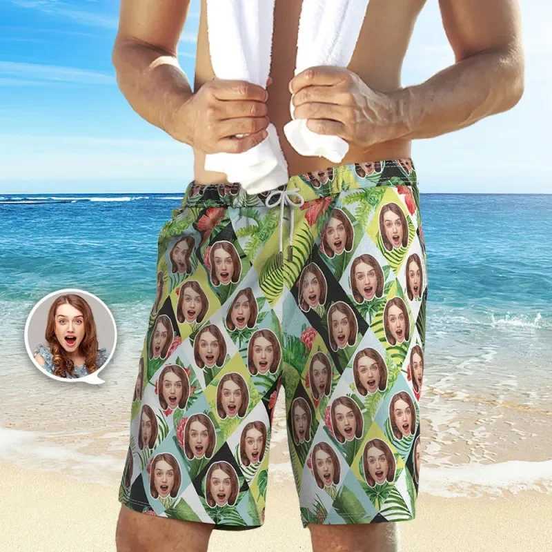 Custom Face Men Shorts Tropical Foliage Breathable Beach Shorts 3D Printed Unisex Gym Sport Board Short Pants Ice Swim Trunks X250220