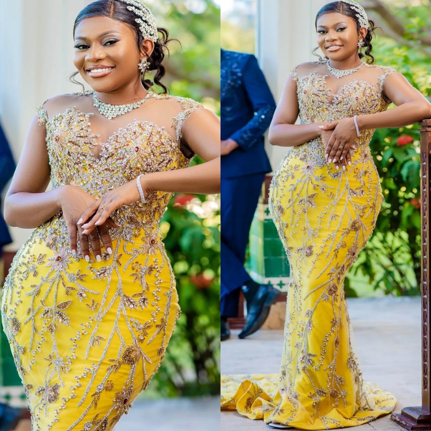 Yellow Mermaid Prom Dresses 2025 Beaded Crystals Lace Sheer Neck Evening Formal Party Second Birthday Engagement Gowns Plus Size Dress For Special Occ