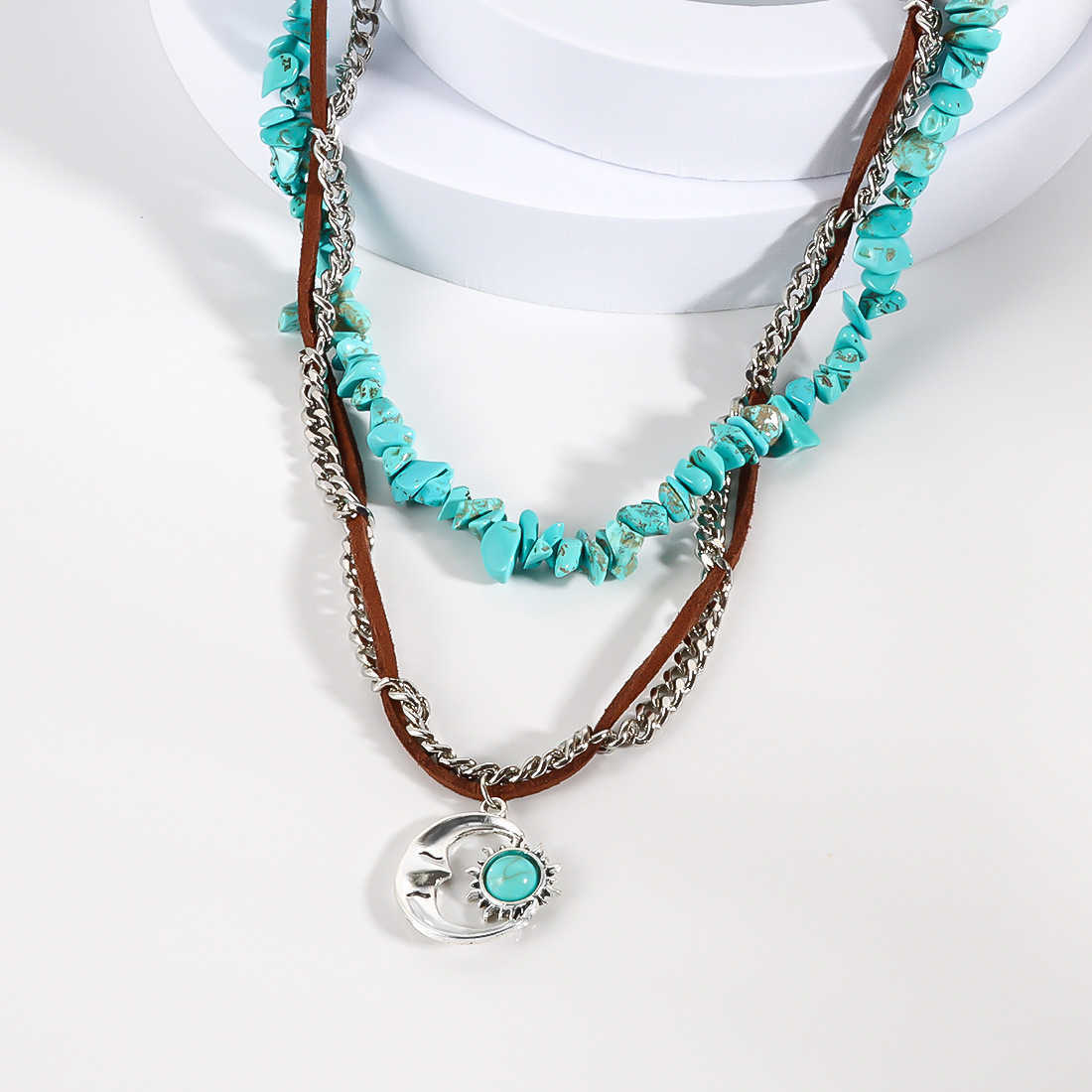 Pendant Necklaces Jewelry ethnic style double-layer layered necklace womens sun and moon inlaid turquoise alloy pendant necklace NK24410 H25219