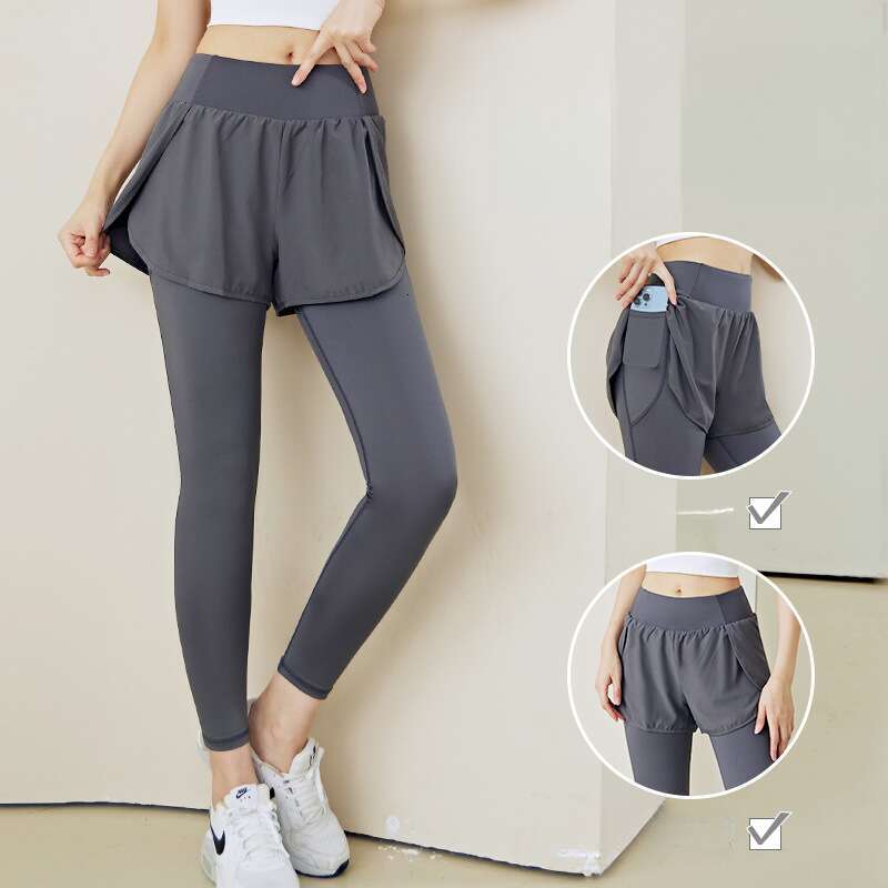fake two sports tight fitting women's high waist elastic lifting buttocks small feet fiess running pocket yoga pants 2025 temperament versatile n