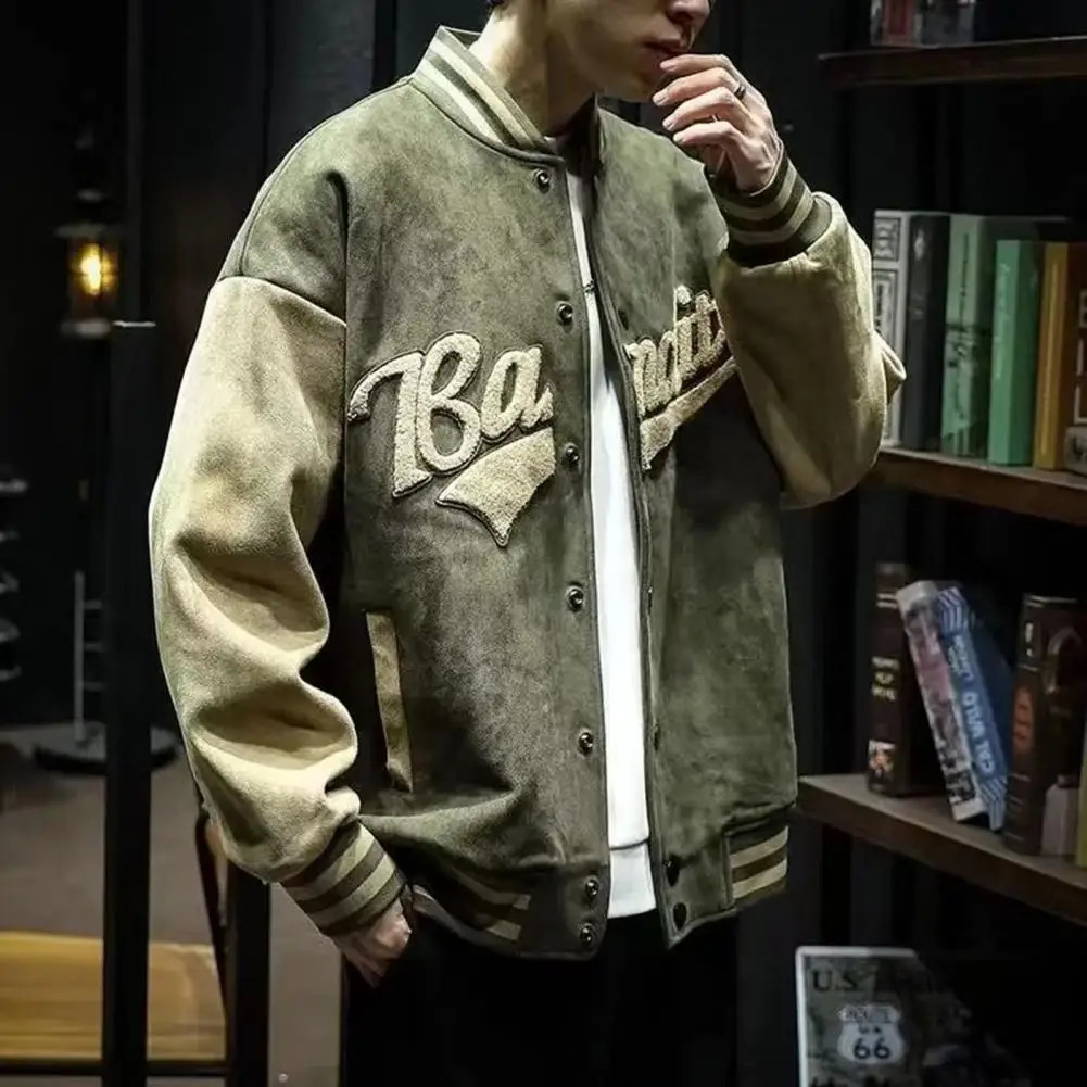 Autumn Winter Men Baseball Coat Suede Stand Collar Long Sleeve Baseball Jacket Embroidery Letter Print Single Breasted Men Coat 250219