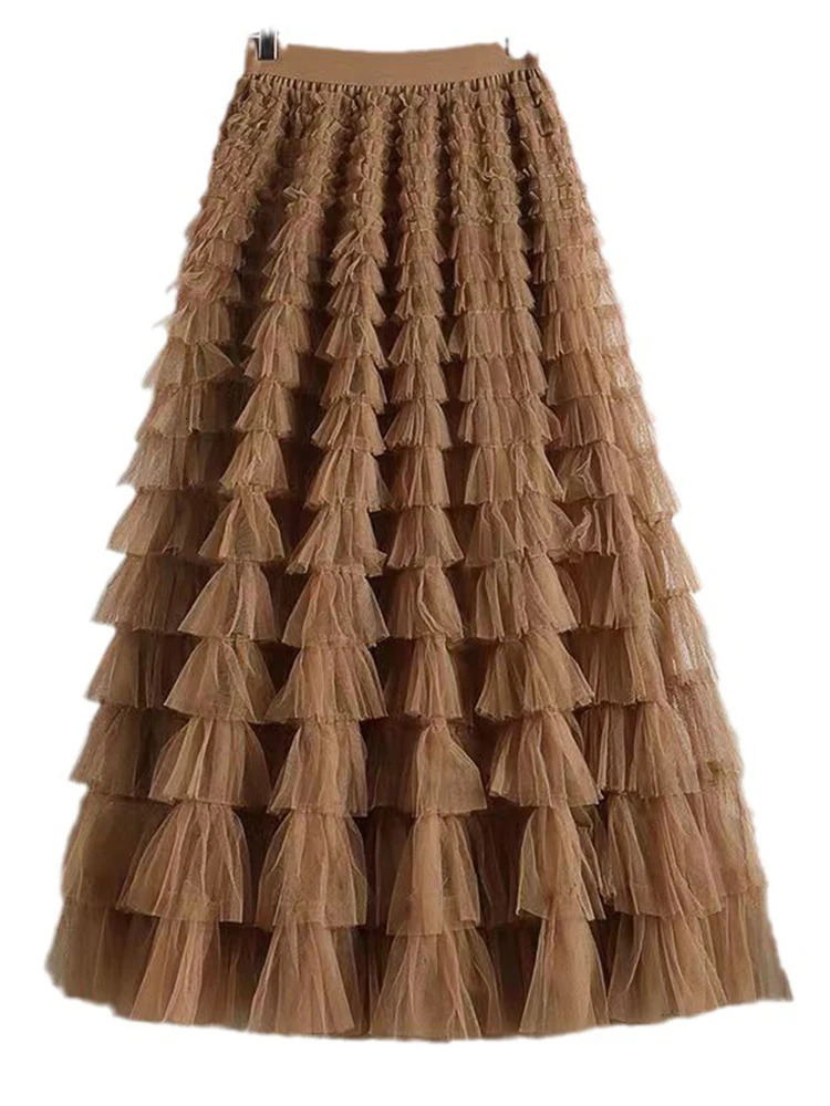 LANMREM Fashion Mesh Skirt Women High Waist Aline Gauze Spliced Solid Color Loose Skirts Versatile Spring 2AA4000 250213