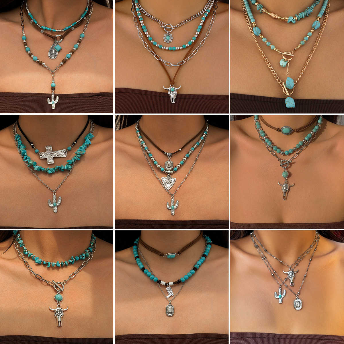 Pendant Necklaces Punk cowboy style cactus bull head collarbone chain Bohemian turquoise bead cross necklace H25219
