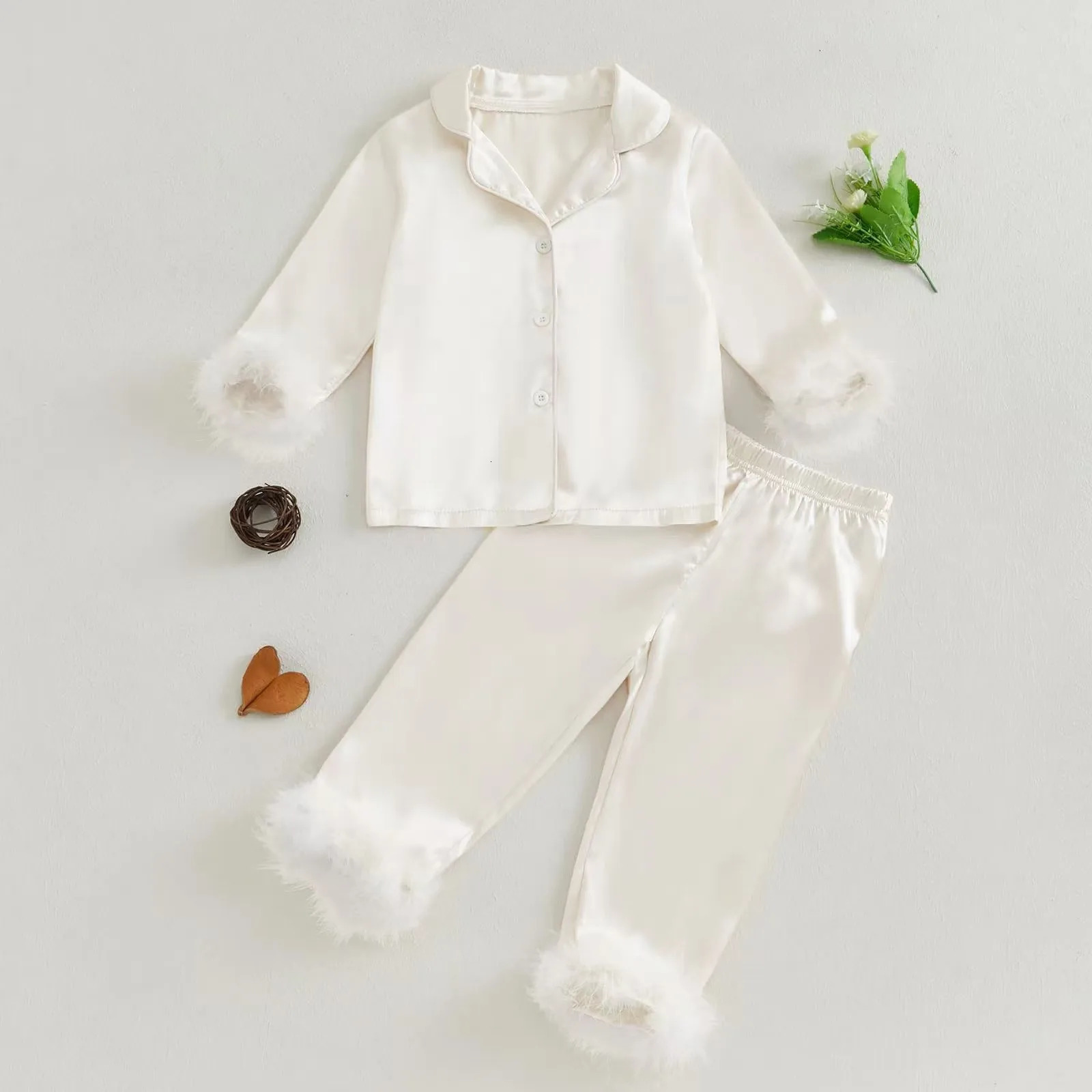 Children Kids Christmas Sleepwear Set Satin Long Sleeve Lapel Tops Elastic Waist Pants 2 Piece Pajamas Feather Trim Shirt Outfit 250219