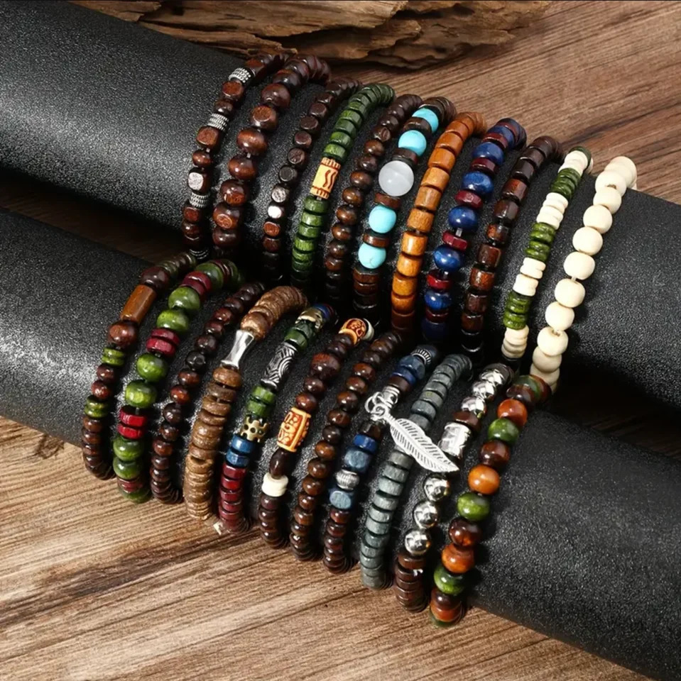 22Piece Set Vintage Style Bohemian Wooden Beaded Bracelets Synthetic Turquoise and Cats Eye Beads Fashionable Stacking Brace 250213
