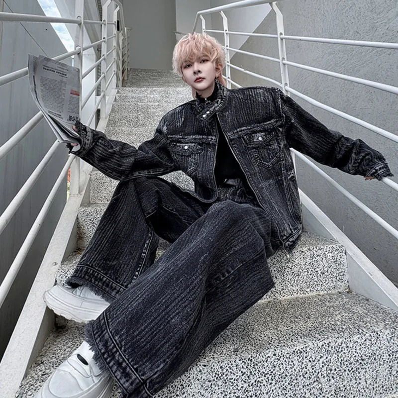 PFNW Two-piece Set Gradient Color Washed Tie-dye Stand Collar Striped Denim Jacket Wide Leg Pants Mens Loose Set 28W6028 250220