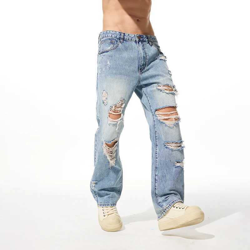 Mens streetwear fashion casual plus size ripped denim straight ribbed jeans Cityboy Baggy jeans Trouser 40 38 X250220