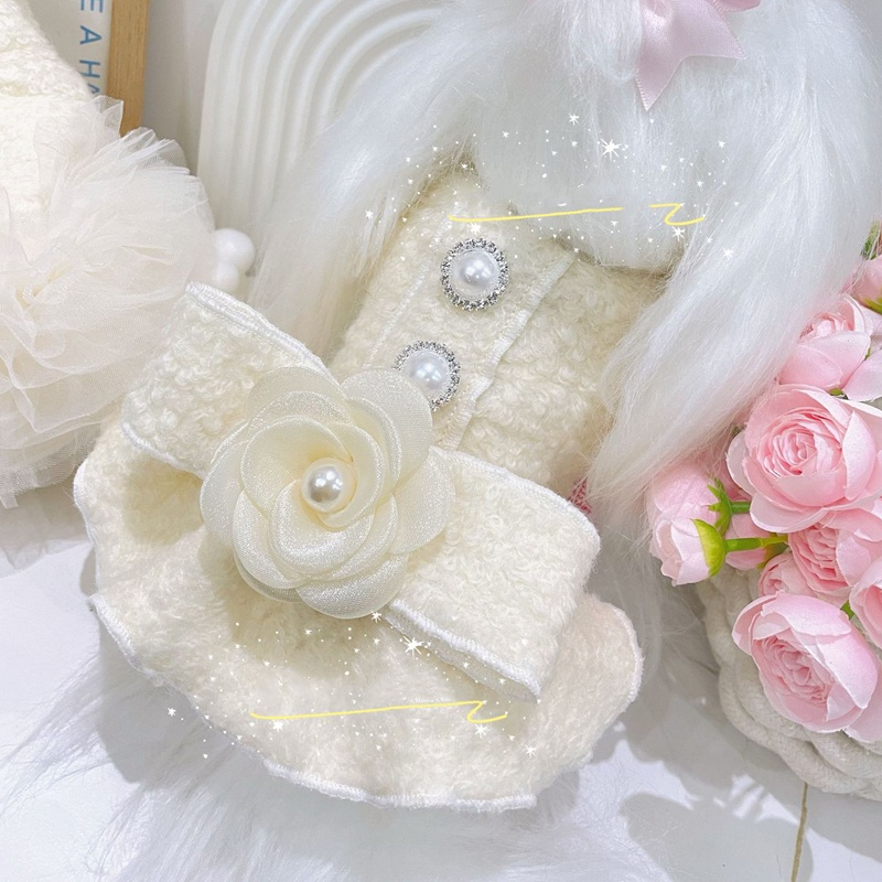 Wool Material Dog Dresses with Lace Border and Flower Puppy Tutu Skirt, Winter Girl Dog Clothes Costumes for Yorkshire, Teddy and Small Breeds XXS D8