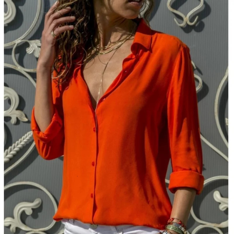Women Elegant Solid Chiffon Blouse Spring Summer Casual Long Sleeve V Neck Loose Shirt Office Lady Tunics Oversized Tops 250219