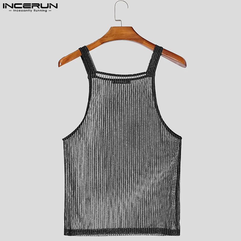 INCERUN Tops American Style Fashion Men Sparkling Fabric Stripe Perspective Mesh Vests Casual Clubwear Male Thin Tank Tops 250219