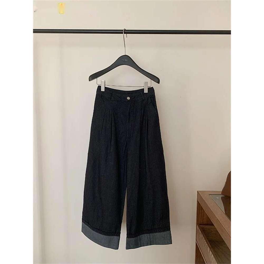 2025 100% Cotton Denim Blue Straight Pants Women Early Spring Simple Lace Curled Jeans Loose