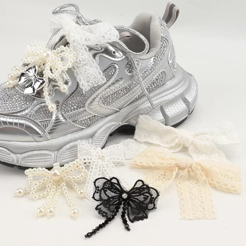 1Pair Buckle Pearl Rhinestone Shoelace Fashion Shoes Charms Bowtie Flower Lace Shoelaces Decoration Shoe Accessoriess for Woman 250219