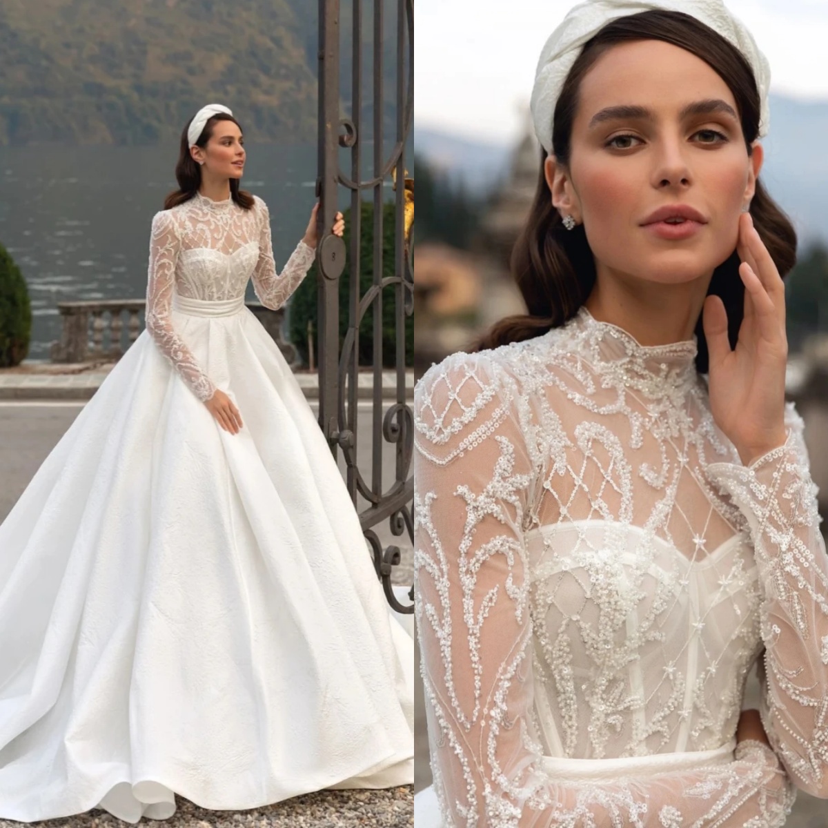 Elegant A e Women Wedding High Collar Long Sleeves Bridal Gowns Appliques Sequins Sweep Train Dress Custom Made vestidos de novia