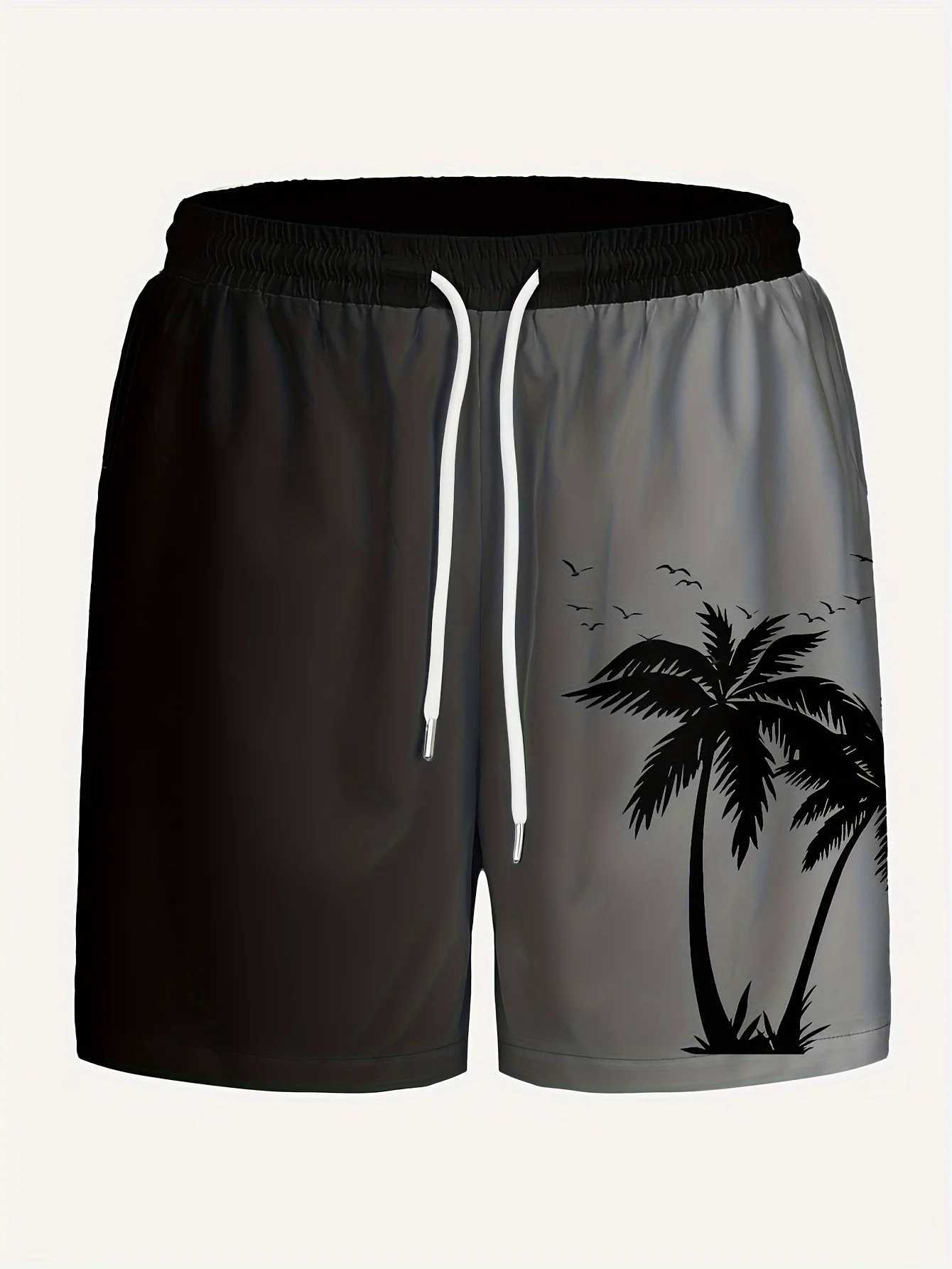 Coconut tree pattern mens casual color block waist shorts with pockets suitable for sports vacation beach pants sweatpants X250220