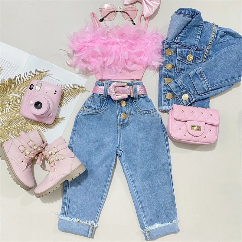 Girls Summer Clothing Outfit Sets Fashion Kid Children Pink Sleeveless Feather Camisole Denim Pants with Pockets 250220