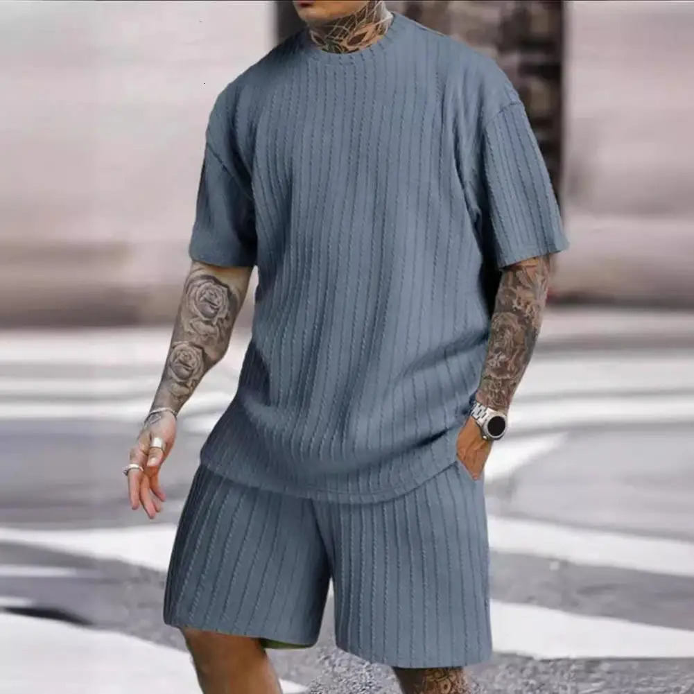 Jogging Suit with Pockets Mens Jacquard Texture Sports Suit Set with Elastic Waist Shorts Pockets Breathable for Fitness 250220