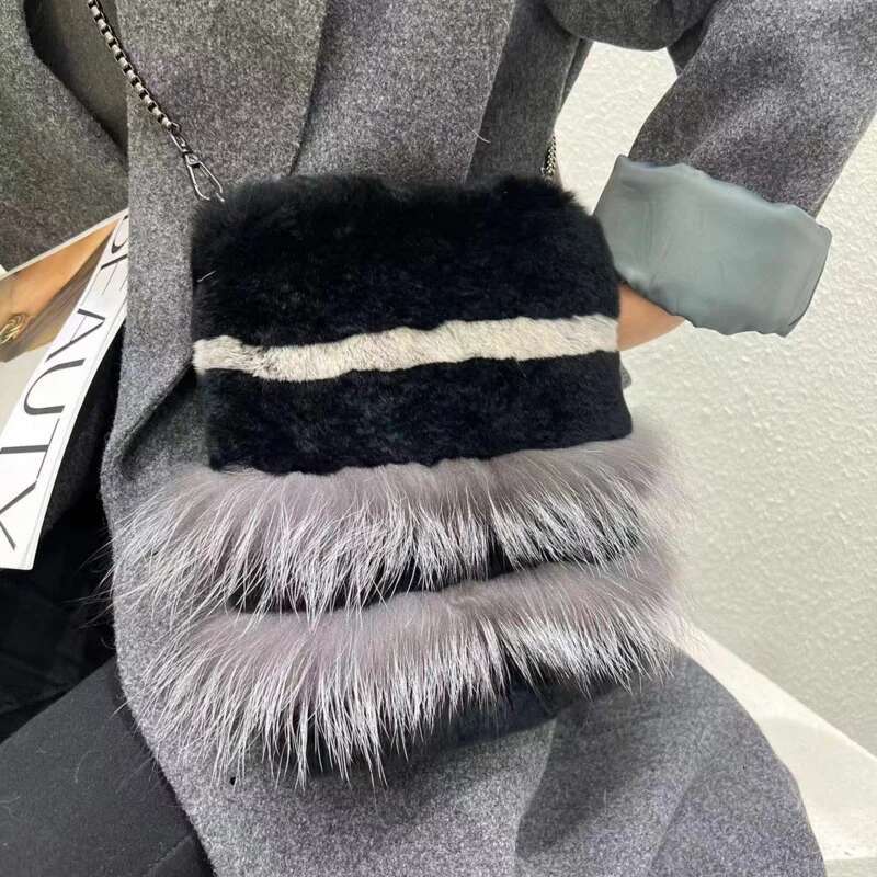 Rex Rabbit Winter Women Crossbody Shoulder Real Phone Bag Wallet Natural Fur Handbags Furry Messenger Bags