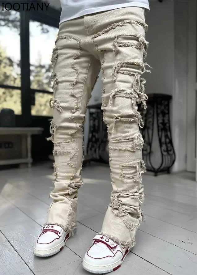 New Fashion Stretch Jeans Men Stacked Jeans Elastic Waist Straight Fit Patchworks Denim Long Pants Fringe Ripped Jeans For Men X250220