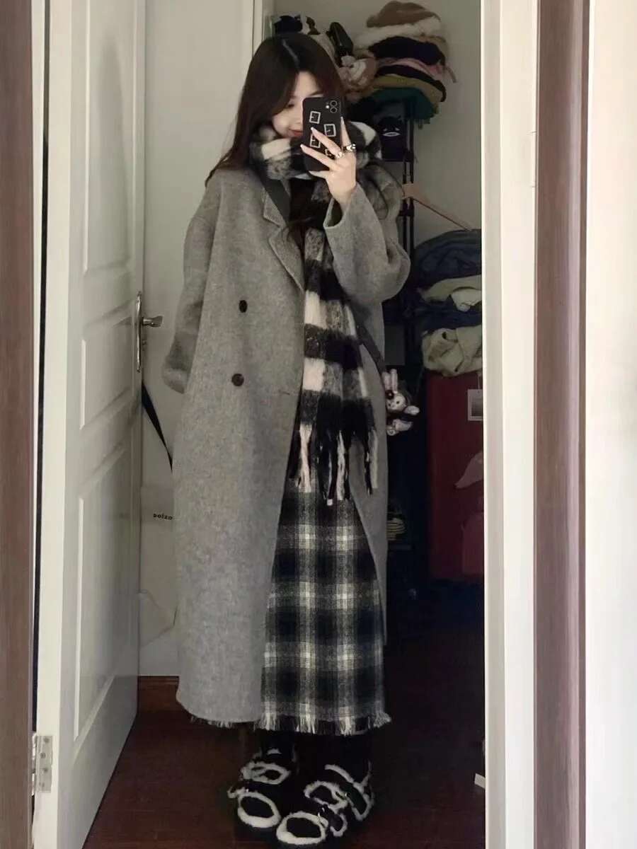 Plus Size Elegant Medium-Length Woolen Overcoat For Women 2024 Autumn/Winter New Style Loose-Fit Korean-Style Petite Jacket