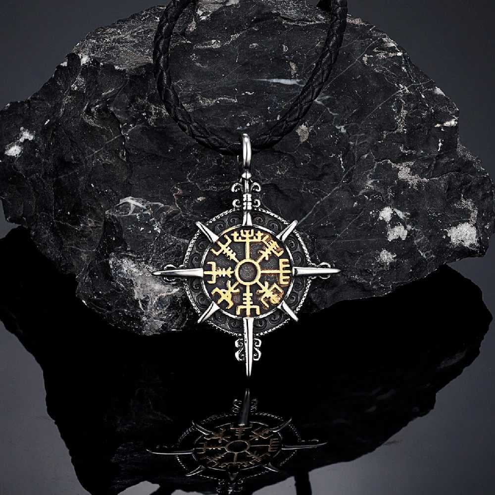 Retro Gold Color Vikings Compass Necklace Men Antique Stainl Steel Norse Rune Amulet Pendant Vegvisir Homme landic JewelryXJ250219