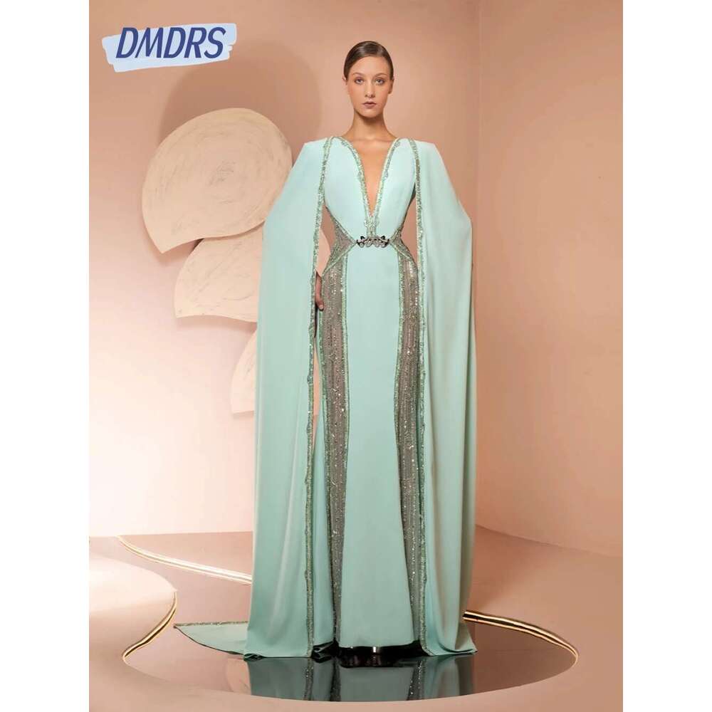Charming V-neck Stylish Arabic Evening Satin Cut Mother's Prom Dress with Custom Cover Female Party Long Wear