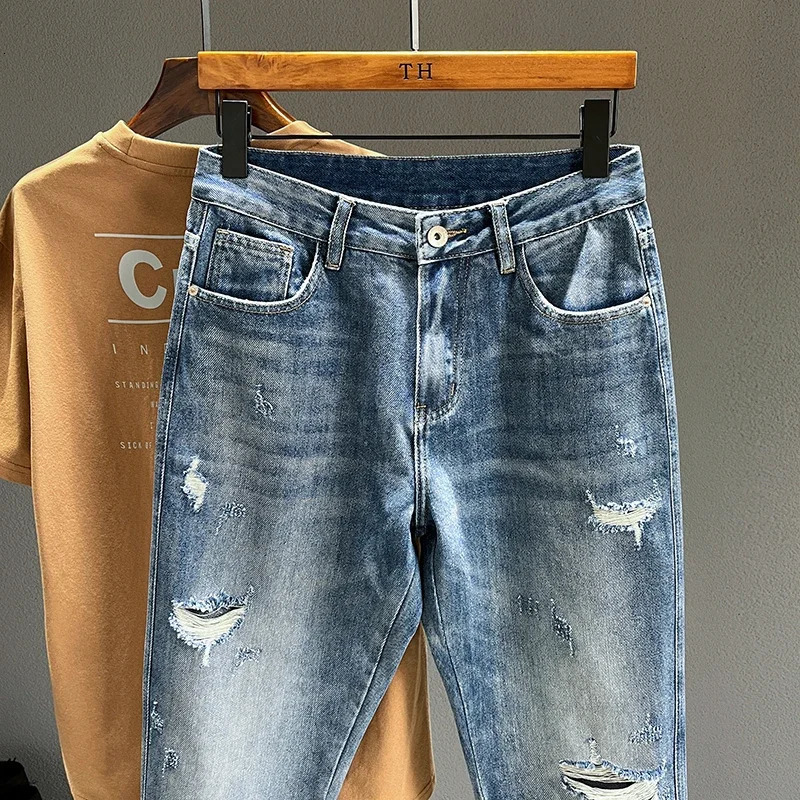 Mens Ripped Jeans Personality Fashion Tapered Hole Frayed Denim Trousers Streetwear Casual Vintage Blue Pants Male Clothes 250219