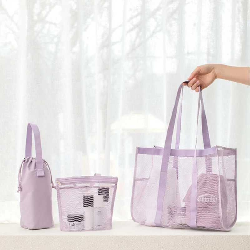 (72))Solid Color Single Shoulder Travel Bag Large Capacity Mesh Beach Bag Daily Matching with Casual Swimming Bath Bag Z250219