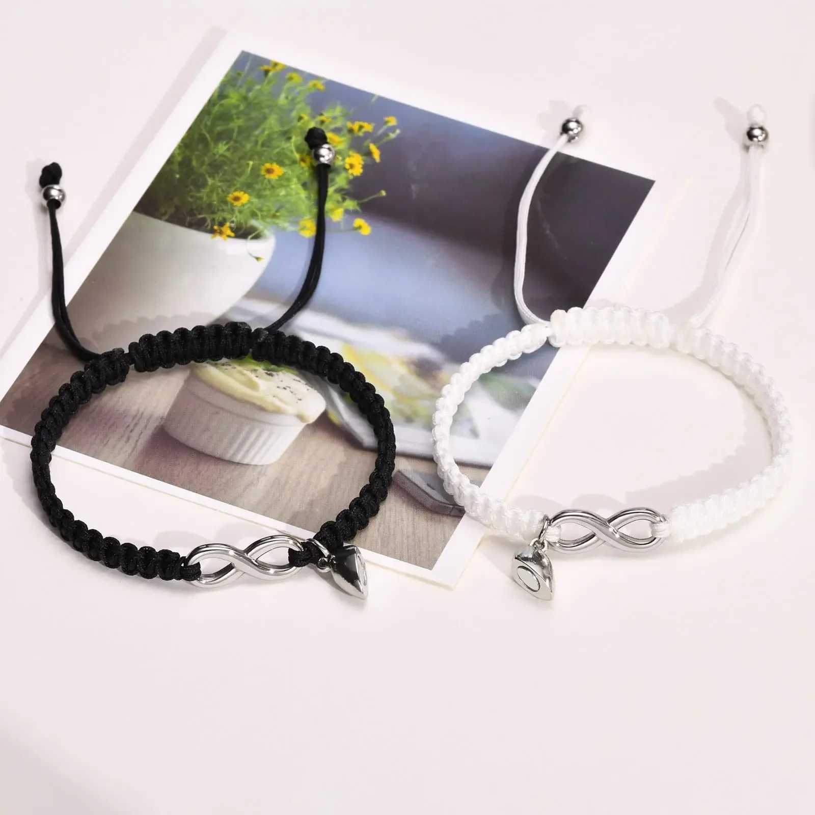 Fashion Magnetic Heart Couple Infinity Bracelets For Women Men Stainl Steel Cross Charm Braided Rope Chain Bangle JewelryXJ250219