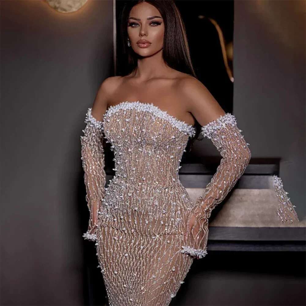 Nude Elegant Arabic Strapless Evening Gown Beaded Dress With Gloves For Formal Ocn Customize BLA mal