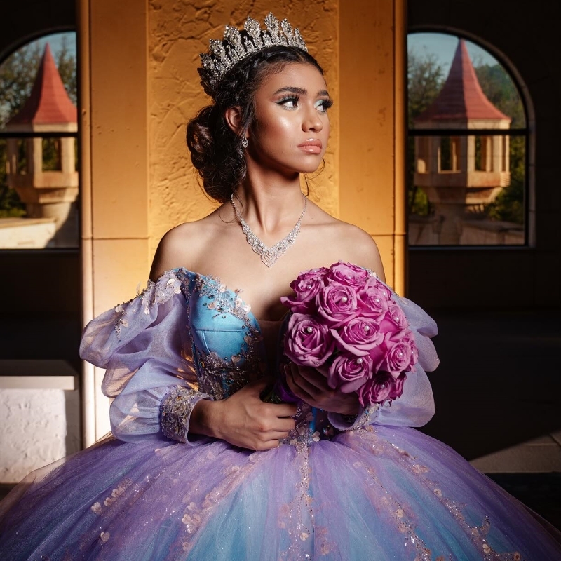 Lilac Shiny Quinceanera Dresses Ball Gown Off The Shoulder Applique Lace Beads Tull Sky Blue Lining Party Birthday Sweet 16 Dress Vestidos De 15 Anos